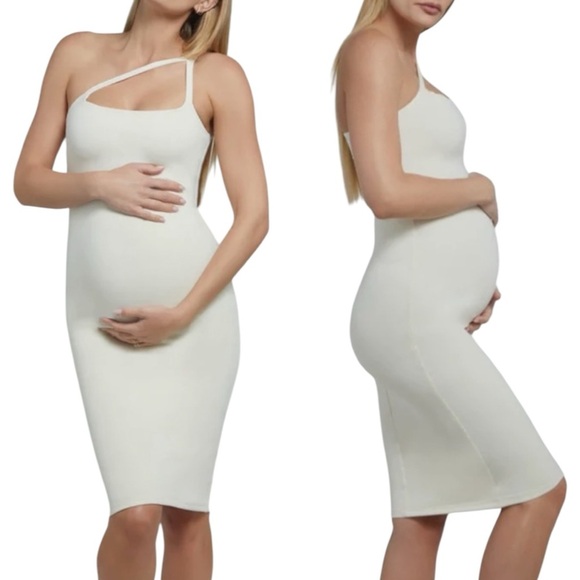 BUMPSUIT The Chloe Maternity Midi Dress | Cream Sleeveless Asymmetric Straps Med - Picture 1 of 7
